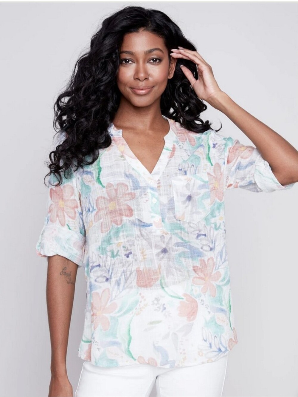 Gauze Cotton Floral Shirt Rolled Cuffs